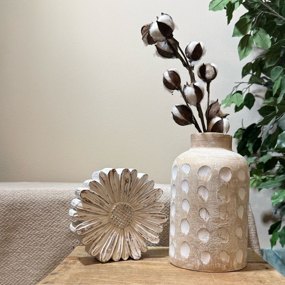 Rustic Cream Vase with Cotton Stems